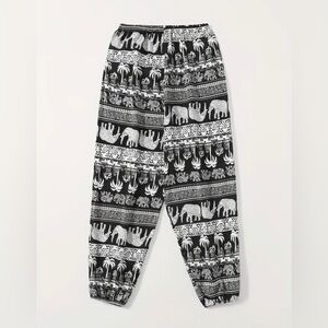 NWT Elephant Print Harem Pants Boho Yoga Lounge Festival Size M Black
